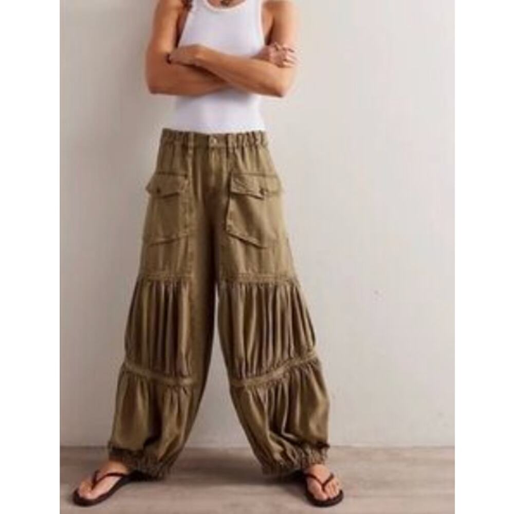 Free People Olive Green Wide Leg Tiered Cargo Pants